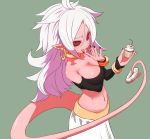  android_21 black_sclera breasts cleavage cupcake detached_sleeves dragon_ball dragon_ball_fighterz eating food highres long_hair majin_android_21 monster_girl pink_skin pointy_ears red_eyes strapless sumiyao_(amam) tail tubetop white_hair 