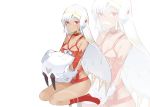  1girl altera_(fate) altera_the_santa animal aosora_kamiya bare_shoulders breasts cleavage collarbone dark_skin earmuffs eyebrows_visible_through_hair fake_mustache fate/grand_order fate_(series) forehead_protector full_body holding holding_animal kneehighs looking_at_viewer medium_breasts mittens no_shoes red_eyes red_legwear revealing_clothes ribbon sheep short_hair simple_background sitting solo thighs wariza white_background white_hair white_mittens white_ribbon zoom_layer 