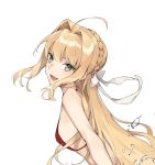  1girl ahoge aiko_(kanl) bare_shoulders bikini blonde_hair braid fate/extra fate_(series) green_eyes hair_intakes hair_ribbon looking_at_viewer nero_claudius_(fate)_(all) open_mouth ribbon simple_background smile solo swimsuit white_background 