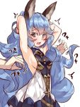  /\/\/\ 1girl arms_behind_head bangs bare_arms bare_shoulders blue_dress blue_hair blush breasts brown_eyes dress erun_(granblue_fantasy) eyebrows_visible_through_hair fang ferry_(granblue_fantasy) granblue_fantasy hair_between_eyes long_hair medium_breasts open_mouth sideboob simple_background sleeveless sleeveless_dress solo_focus very_long_hair white_background yuuji_(yukimimi) 