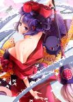  1girl bare_shoulders black_hair blue_eyes blush breasts fate/grand_order fate_(series) flower giant_brush hair_flower hair_ornament hairpin hopper japanese_clothes katsushika_hokusai_(fate/grand_order) kimono looking_at_viewer looking_back medium_breasts obi octopus sash short_hair smile solo 