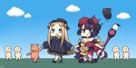  2girls :d abigail_williams_(fate/grand_order) bare_shoulders bow breasts calligraphy_brush chibi cleavage commentary_request fate/grand_order fate_(series) hair_bow hair_ornament hamu_koutarou hand_holding hat highres holding japanese_clothes katsushika_hokusai_(fate/grand_order) long_hair multiple_girls octopus open_mouth paintbrush ribbed_sweater short_hair smile stuffed_animal stuffed_toy sweater teddy_bear walking 