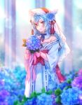  1girl bare_shoulders blurry blurry_background bouquet flower froslass hair_ornament holding holding_flower moe_(hamhamham) outdoors personification pokemon solo standing veil white_hair wide_sleeves 