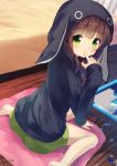  1girl animal_ears animal_hood anko_(gochiusa) bangs black_hoodie blush brown_hair bunny_hood character_hood chinomaron commentary_request eyebrows_visible_through_hair finger_to_mouth gochuumon_wa_usagi_desu_ka? green_eyes green_shorts highres hood hood_up hoodie indoors long_sleeves looking_at_viewer looking_to_the_side puzzle puzzle_piece rabbit_ears short_shorts shorts signature sitting sleeves_past_wrists solo ujimatsu_chiya wariza wooden_floor zabuton 