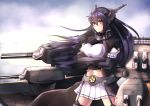  1girl black_hair black_legwear blurry blurry_background bodysuit breasts cowboy_shot cropped_jacket crossed_arms headgear itsuwa_(continue) kantai_collection long_hair looking_at_viewer machinery midriff nagato_(kantai_collection) navel pleated_skirt skirt standing thigh-highs white_skirt yellow_eyes zettai_ryouiki 