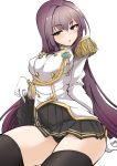  1girl :o aiguillette black_panties breasts buttons covered_nipples epaulettes fate/extella_link fate/grand_order fate_(series) gloves hair_intakes highres jacket large_breasts long_hair military_jacket momio panties pantyshot pleated_skirt purple_hair scathach_(fate/grand_order) skirt skirt_lift thigh-highs underwear white_background white_gloves 