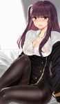  1girl blush breasts cleavage dress_shirt farys_(afopahqfw) girls_frontline hair_ribbon highres large_breasts long_hair looking_at_viewer off_shoulder open_mouth pantyhose purple_hair red_eyes shirt side_ponytail sitting solo wa2000_(girls_frontline) 