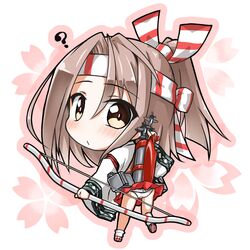  1girl ? aircraft airplane arrow bow_(weapon) brown_eyes chibi hachimaki headband holding japanese_clothes kantai_collection koda long_hair looking_at_viewer looking_back machinery panties pleated_skirt ponytail silver_hair skirt solo underwear weapon white_panties zuihou_(kantai_collection) 