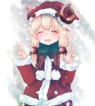  1girl blonde_hair blush button_eyes capelet christmas green_scarf hair_ornament hat highres horns low_twintails messy_hair momiji_manjuu_(usagiblackmore) original santa_hat scarf sheep_girl sheep_horns short_hair snow solo thick_eyebrows twintails white_background winter winter_clothes 