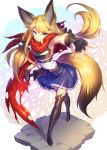  &gt;:) 1girl animal_ears armpits bangs belt black_belt black_gloves black_legwear blonde_hair blue_eyes blue_skirt breastplate center_frills closed_mouth commentary_request copyright_request eyebrows_visible_through_hair facial_mark fingerless_gloves fingernails fox_ears fox_girl fox_tail frills full_body gloves hair_between_eyes hand_on_hilt highres long_hair low_twintails outstretched_arm red_scarf scarf shennai_misha shirt skirt sleeveless sleeveless_shirt smile solo standing sword tail thigh-highs twintails v-shaped_eyebrows very_long_hair weapon white_shirt 