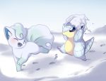  :d alolan_sandshrew alolan_vulpix closed_eyes looking_at_another no_humans open_mouth outdoors pink_(4chan) pokemon pokemon_(creature) smile snow 