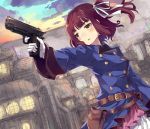  1girl belt belt_pouch blush brown_hair building dutch_angle gloves gun highres holding holding_gun holding_weapon looking_at_viewer normaland outdoors princess_principal ribbon short_hair side_ponytail skirt solo standing stephanie_(princess_principal) twilight weapon white_gloves white_ribbon yellow_eyes 