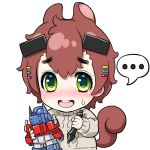  1girl animal_ears brown_hair eyebrows_visible_through_hair green_eyes hair_ornament headgear holding looking_at_viewer open_mouth optimus_prime original short_hair simple_background solo squirrel_ears squirrel_tail sweater t_santa tail toy transformers white_background 