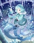 1girl aqua_hair blue_eyes bow bowtie bubble cardfight!!_vanguard company_name coral fur_trim gloves hairband hood hood_down ice mermaid monster_girl musical_note official_art open_mouth reticent_diva_isuca scarf shell short_hair snowman solo tadokoro_teppei underwater 