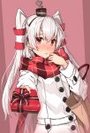  1girl alternate_costume amatsukaze_(kantai_collection) bag blush box brown_eyes casual coat commentary_request gift gift_box giving hair_tubes handbag highres holding kantai_collection long_hair looking_at_viewer scarf silver_hair simple_background solo takanashi_kei_(hitsujikan) two_side_up winter_clothes winter_coat 