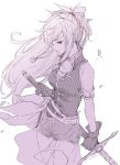  1girl armlet bare_shoulders breasts dress fire_emblem fire_emblem:_seima_no_kouseki gloves kizuki_miki long_hair marica_(fire_emblem) monochrome ponytail solo sword weapon 