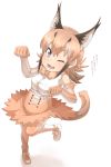 absurdres bare_shoulders blue_eyes bow bowtie caracal_(kemono_friends) caracal_ears caracal_tail commentary_request gloves highres kemono_friends multicolored_hair one_eye_closed open_mouth skirt tail tenya thigh-highs translation_request