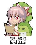  1girl bow chibi chinese commentary_request eyebrows_visible_through_hair frog fujiwara_no_mokou green_hat hair_bow hat holding holding_paper lowres paper red_eyes shangguan_feiying shirt simple_background suspenders touhou translation_request v-shaped_eyebrows white_background white_bow white_hair white_shirt 