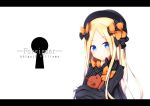  1girl abigail_williams_(fate/grand_order) aoi_thomas bangs black_bow black_dress black_hat blonde_hair blue_eyes blush bow character_name commentary_request dress eyebrows_visible_through_hair fate/grand_order fate_(series) forehead hair_bow hat head_tilt highres keyhole long_hair long_sleeves looking_at_viewer object_hug orange_bow parted_bangs parted_lips polka_dot polka_dot_bow sleeves_past_fingers sleeves_past_wrists solo stuffed_animal stuffed_toy teddy_bear very_long_hair white_background 