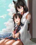  2girls black_hair black_skirt blush breast_pillow breasts closed_mouth clouds cloudy_sky dress hair_between_eyes hair_ornament highres japanese_clothes kantai_collection large_breasts long_hair looking_at_viewer medium_hair miniskirt multiple_girls neckerchief ocean open_mouth ponytail red_skirt school_uniform shigure_(kantai_collection) skirt sky tama_(seiga46239239) yamashiro_(kantai_collection) yellow_eyes 