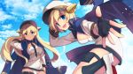  2girls :d arm_at_side azur_lane bangs between_breasts black_gloves black_legwear black_neckwear blonde_hair blue_coat blue_eyes blue_sky blush breasts buttons california_(azur_lane) closed_mouth clouds coat crossed_bangs dark_skin day detached_collar dress eyebrows eyebrows_visible_through_hair fingerless_gloves floating_hair gloves grey_footwear hair_between_eyes hand_in_hair hat highres jacket_on_shoulders leg_up light_particles long_hair long_sleeves looking_at_viewer medium_breasts microdress multiple_girls necktie no_bra open_mouth outdoors outstretched_arm outstretched_hand panties pouch shinoko shoes short_hair sideboob sky smile socks standing standing_on_one_leg teeth tennessee_(azur_lane) thigh_strap underwear white_dress white_hat white_panties 