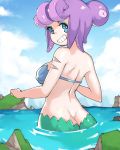  1girl ass back bare_shoulders bikini blue_bikini blue_eyes blue_sky bra butt_crack cala_maria_(cuphead) cuphead_(game) from_behind grin highres looking_at_viewer looking_back mermaid monster_girl original outdoors pac-man_eyes partially_submerged purple_hair scar shell shell_bikini sky smile solo swimsuit tentacle_hair vins-mousseux water_surface 