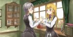  2girls ange_(princess_principal) blonde_hair blue_eyes book bookshelf braid cabinet curtains desk eye_contact flower grey_hair hand_holding indoors looking_at_another multiple_girls princess_(princess_principal) princess_principal ringocha_(appleteatea) school_uniform short_hair standing vase window yuri 