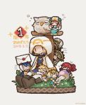  3boys 5girls alfonse_(fire_emblem) anna_(fire_emblem) artist_request bird blonde_hair blue_hair chibi closed_eyes closed_mouth commentary_request feh_(fire_emblem_heroes) fire_emblem fire_emblem_heroes fjorm_(fire_emblem_heroes) grass gunnthra_(fire_emblem) heart hood hooded_jacket jacket letter long_hair multicolored_hair multiple_boys multiple_girls mysterious_man_(fire_emblem) open_eyes open_mouth orb owl pink_hair ponytail redhead sharena short_hair silver_hair simple_background sleeping smile summoner_(fire_emblem_heroes) veronica_(fire_emblem) 