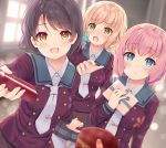  3girls :d black_hair blonde_hair blue_eyes blurry blurry_background blush box brown_eyes commentary eyebrows_visible_through_hair fang gift gift_box green_eyes incoming_gift indoors komone_ushio looking_at_another looking_at_viewer multiple_girls necktie open_mouth original outstretched_arm pink_hair pov school_uniform short_hair smile valentine white_neckwear 