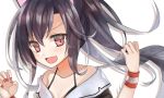  1girl :d azur_lane black_hair brown_eyes claw_pose commentary_request fang long_hair looking_at_viewer open_mouth ougi810 ponytail shigure_(azur_lane) simple_background smile solo white_background wristband 