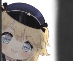  1girl :d bangs black_ribbon blonde_hair blue_eyes blue_hat blush chibi collared_shirt eyebrows_visible_through_hair foreign_blue girls_frontline hair_between_eyes hair_ribbon hat long_hair looking_at_viewer open_mouth peaked_cap peeking_out ribbon shirt smile solo star super_shorty_(girls_frontline) two_side_up 