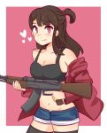  1girl ak-47 assault_rifle breasts brown_hair cleavage denim denim_shorts gun jacket kagari_atsuko little_witch_academia navel pink_background red_eyes rifle shorts solo weapon 