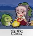  1girl bag bow campfire chibi chinese commentary_request english eyebrows_visible_through_hair frog fujiwara_no_mokou green_hat hair_bow hat knees_up long_hair night night_sky open_mouth outdoors pants puffy_short_sleeves puffy_sleeves red_eyes red_pants shangguan_feiying shirt short_sleeves sitting sky smile solo suspenders tabikaeru touhou translation_request very_long_hair white_bow white_hair white_shirt 