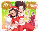  2017 2boys 2girls :d adapted_costume alien alternate_costume alternate_hairstyle arm_warmers bare_arms bare_shoulders belt belt_buckle black_belt black_hair blush breasts brown_eyes buckle buttons caulifla christmas collarbone crop_top dated dragon_ball dragon_ball_super earrings ears_visible_through_hair engrish eyebrows eyebrows_visible_through_hair eyelashes eyes_visible_through_hair fake_beard fang fur_collar fur_trim grey_eyes hair_down hair_intakes hat head_tilt hit_(dragon_ball) holding holding_sack jewelry kale_(dragon_ball) kyabe legs_apart lips looking_at_another meiousei_(mamea) merry_christmas multiple_boys multiple_girls navel open_mouth over_shoulder pants pom_pom_(clothes) purple_skin ranguage red_hat red_pants red_shirt sack santa_costume santa_hat shirt short_hair short_sleeves single_hair_intake small_breasts smile snowflake_background snowflake_earrings snowflakes speech_bubble spiky_hair standing stomach strapless teeth tubetop twitter_username typo v-shaped_eyebrows 