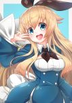  1girl alice_(grimms_notes) alice_(wonderland) alice_in_wonderland arm_up blonde_hair blue_dress blue_eyes dress grimms_notes highres long_hair open_mouth ribbon smile solo takatun223 upper_body v 