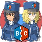  2girls absurdres andou_(girls_und_panzer) artist_name bangs bc_freedom_(emblem) bc_freedom_military_uniform black_hair blonde_hair blue_eyes blue_hat blue_jacket blue_vest brown_eyes closed_mouth commentary cropped_torso cross_of_lorraine dark_skin dated double-breasted dress_shirt emblem eyebrows_visible_through_hair girls_und_panzer hat high_collar highres jacket light_frown long_sleeves looking_at_viewer medium_hair messy_hair military_hat multiple_girls nandemo_kanden open_clothes open_jacket oshida_(girls_und_panzer) roundel serious shadow shako_cap shirt signature standing twitter_username upper_body vest white_shirt 