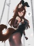  1girl animal_ears ass bare_shoulders black_legwear black_leotard blush brown_hair bunny_girl bunny_tail bunnysuit ehrrr elbow_gloves eyebrows_visible_through_hair eyes_visible_through_hair fake_animal_ears fang fishnet_pantyhose fishnets gloves hair_over_one_eye highres imaizumi_kagerou leotard long_hair looking_at_viewer open_mouth pantyhose rabbit_ears red_eyes solo strapless strapless_leotard tail touhou wolf_ears wolf_tail wrist_cuffs 