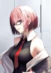  1girl bare_shoulders black-framed_eyewear black_shirt breasts collarbone collared_shirt commentary_request fate/grand_order fate_(series) fingernails glasses grey_jacket hair_over_one_eye holding jacket koruta_(nekoimo) long_sleeves looking_at_viewer looking_to_the_side mash_kyrielight medium_breasts necktie off_shoulder parted_lips pink_hair red_neckwear shirt short_hair sleeveless sleeveless_shirt smile solo violet_eyes 