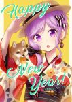  1girl 2018 :o ai_kusunoki alternate_costume animal animal_on_shoulder arm_up bangs blush bow brown_eyes brown_hat colored_eyelashes dog english eyebrows_visible_through_hair fedora floral_print hair_bow hand_on_headwear happy_new_year hat hat_bow head_tilt highres japanese_clothes jewelry kimono long_hair long_sleeves looking_at_viewer new_year obi open_mouth print_kimono purple_hair sash shiny shiny_hair simple_background single_earring solo striped striped_bow swept_bangs tareme upper_body violet_eyes voiceroid wide_sleeves yellow_background yuzuki_yukari 