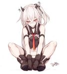  1girl ankle_boots artist_name boots choker destroyer_water_oni goekawa hands_on_own_feet horns kantai_collection pale_skin red_eyes shinkaisei-kan sitting solo white_hair 