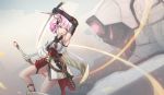  1girl animal_ears benghuai_xueyuan breasts dual_wielding elbow_gloves gloves hair_ornament highres japanese_clothes kikivi large_breasts mecha open_mouth panties pink_hair rabbit_ears short_hair solo sword underwear violet_eyes weapon yae_sakura_(benghuai_xueyuan) 