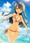  1girl :d beach bikini blue_sky blush breasts brown_eyes cleavage clouds collarbone day eyebrows_visible_through_hair eyewear_on_head fang front-tie_top gluteal_fold groin hair_between_eyes hair_ornament hair_scrunchie halterneck highres large_breasts long_hair looking_at_viewer navel ocean open_mouth original outdoors scrunchie shawl side-tie_bikini sky smile solo stomach string_bikini striped striped_bikini sunglasses swimsuit thigh_gap twintails yuzuki_gao 