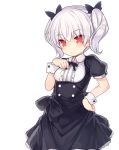  1girl bangs black_bow black_dress bow breasts closed_mouth collared_shirt dress eyebrows_visible_through_hair hair_between_eyes hair_bow hand_on_hip hand_on_own_chest kurasuke looking_at_viewer original puffy_short_sleeves puffy_sleeves red_eyes shirt short_sleeves silver_hair simple_background small_breasts smile solo twintails white_background white_shirt wrist_cuffs 