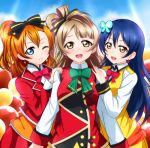  3girls bangs blue_eyes blue_hair bow butterfly_hair_ornament commentary_request earrings eyebrows_visible_through_hair grey_hair hair_between_eyes hair_bow hair_ornament hand_on_another&#039;s_shoulder jewelry kousaka_honoka long_hair looking_at_viewer love_live! love_live!_school_idol_project love_live!_the_school_idol_movie minami_kotori multiple_girls neck_ribbon one_eye_closed one_side_up open_mouth orange_hair ribbon sandwiched smile sonoda_umi sunny_day_song upper_body wewe 