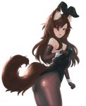  1girl animal_ears ass bare_shoulders black_eyes black_legwear black_leotard blush brown_hair bunny_girl bunny_tail bunnysuit ehrrr elbow_gloves eyebrows_visible_through_hair eyes_visible_through_hair fake_animal_ears fang fishnet_pantyhose fishnets gloves hair_over_one_eye highres imaizumi_kagerou leotard long_hair looking_at_viewer open_mouth pantyhose rabbit_ears red_eyes simple_background solo strapless strapless_leotard tail touhou white_background wolf_ears wolf_tail wrist_cuffs 