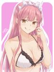  1girl :q bangs bare_arms bare_shoulders bow bow_bra bra breasts brown_hair cleavage closed_mouth collarbone commentary_request eyebrows_visible_through_hair fate/grand_order fate_(series) highres large_breasts long_hair looking_at_viewer medb_(fate/grand_order) outline pink_background pink_hair ramchi signature smile solo tiara tongue tongue_out two-tone_background underwear underwear_only very_long_hair white_background white_bra white_outline 