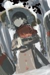  1girl black_hair braid buttons capelet closed_mouth commentary_request dutch_angle forest grey_jacket hat jacket jizou nature ne_kuro red_eyes snow solo touhou tree twin_braids yatadera_narumi 
