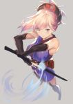  1girl asymmetrical_bangs bangs bare_shoulders dual_wielding elbow_gloves fate/grand_order fate_(series) gloves grey_background hair_ornament japanese_clothes katana miyamoto_musashi_(fate/grand_order) pink_hair ponytail simple_background sola_(solo0730) solo sword violet_eyes weapon 