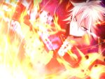  1boy armor blue_eyes chest_jewel collar fate/apocrypha fate/grand_order fate_(series) fire highres jewelry karna_(fate) looking_away male_focus pale_skin single_earring solo twinameless upper_body white_hair 