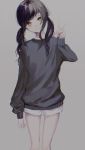  1girl black_hair closed_mouth commentary_request cowboy_shot grey_background grey_sweater hand_up head_tilt highres long_sleeves original p2_(uxjzz) shorts simple_background smile solo standing twintails v white_shorts yellow_eyes 